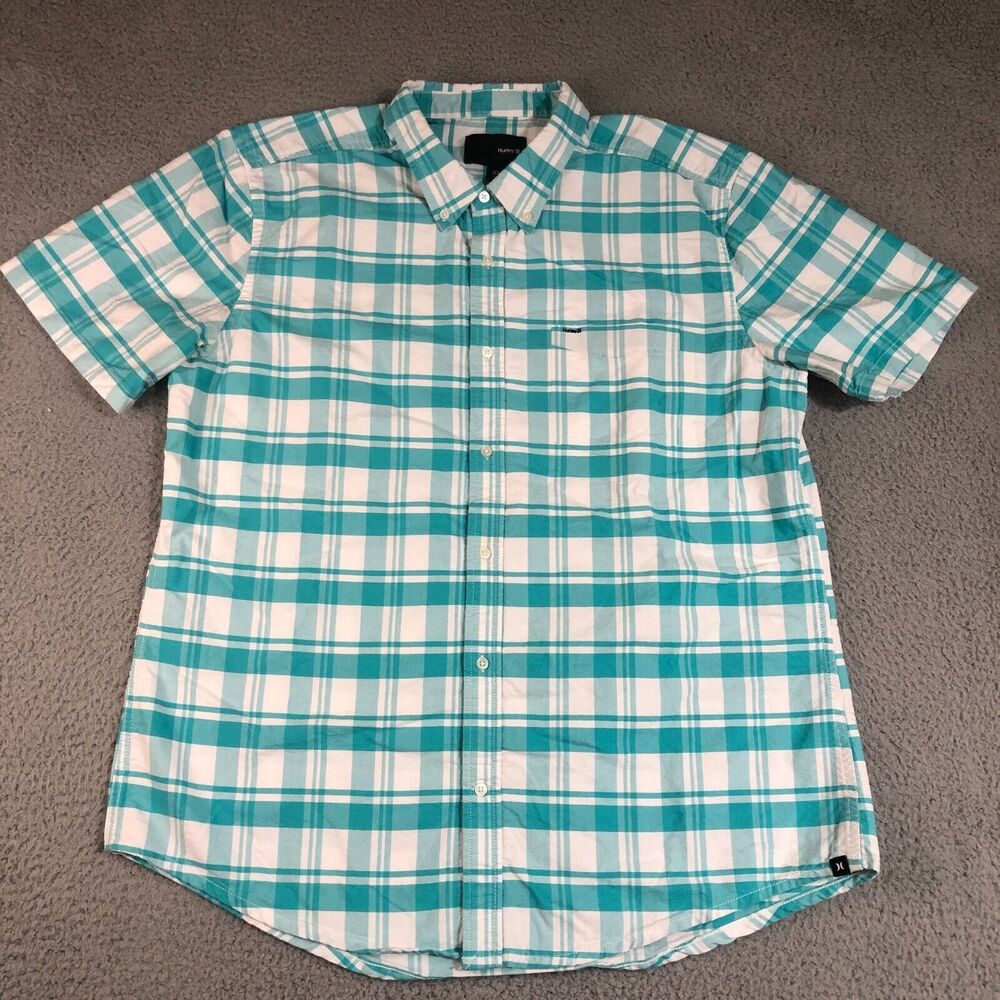 Hurley Shirt Men XL Extra Large Blue White Plaid Beach Button Down Skater Preppy